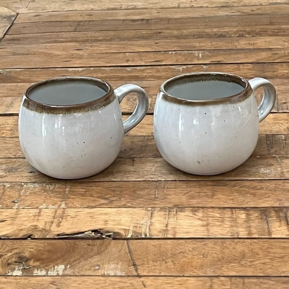 Hearth & Hand with Magnolia Round Mugs (2) Stoneware Cream Glaze Brown Rim